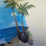 Tropical Beach Mural for a small room includes another palm tree on the opposite back wall..Approx  9'h x 14'w.
2018 Kristen Muench