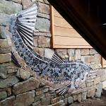 Manchester Fish Mosaic by Kristen Muench. Private Home, Whidbey Island, WA. July 2019. Approx 36"h x 6'long. Photo by KM.