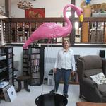 Giant Pink Flamingo (#5112) shown with Kathy Fonda
96"tall x 30"h x 13"w x 64"long plate 31.5"dia
Commissioned by Misco Home and Garden, Dunellen, NJ
©2012 Kristen Muench
Photo by KM