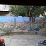 Desert Garden Wall exterior. From block to beautiful, this mural creates an intimate setting in the backyard of a desert home.  January 2014
27'l x 6'h  Tucson, AZ.  Photo by KM.