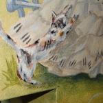 Detail of the calico cat playing with Beth's musical (piano) skirt.